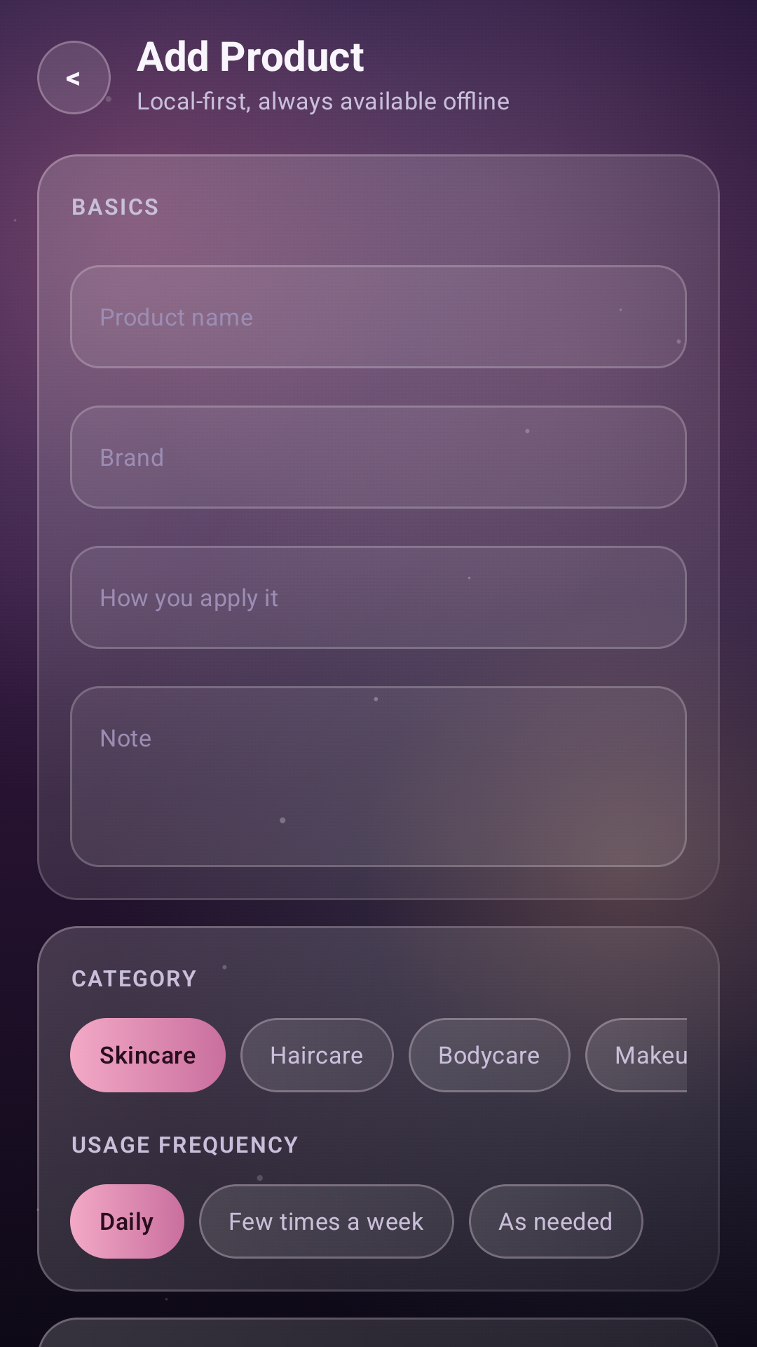Pure Glow Tracker add product screen