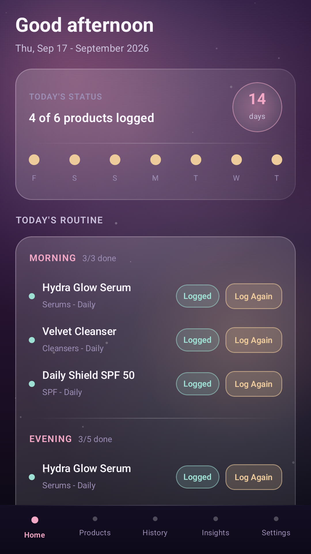 Pure Glow Tracker home screen