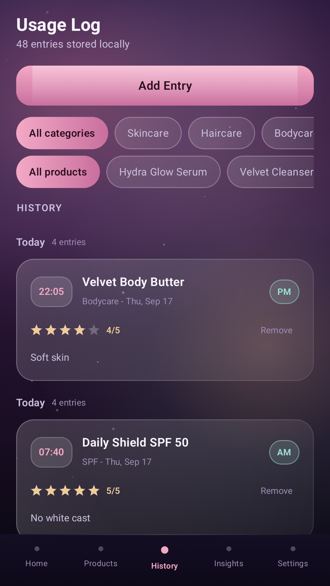 Pure Glow Tracker usage log screen